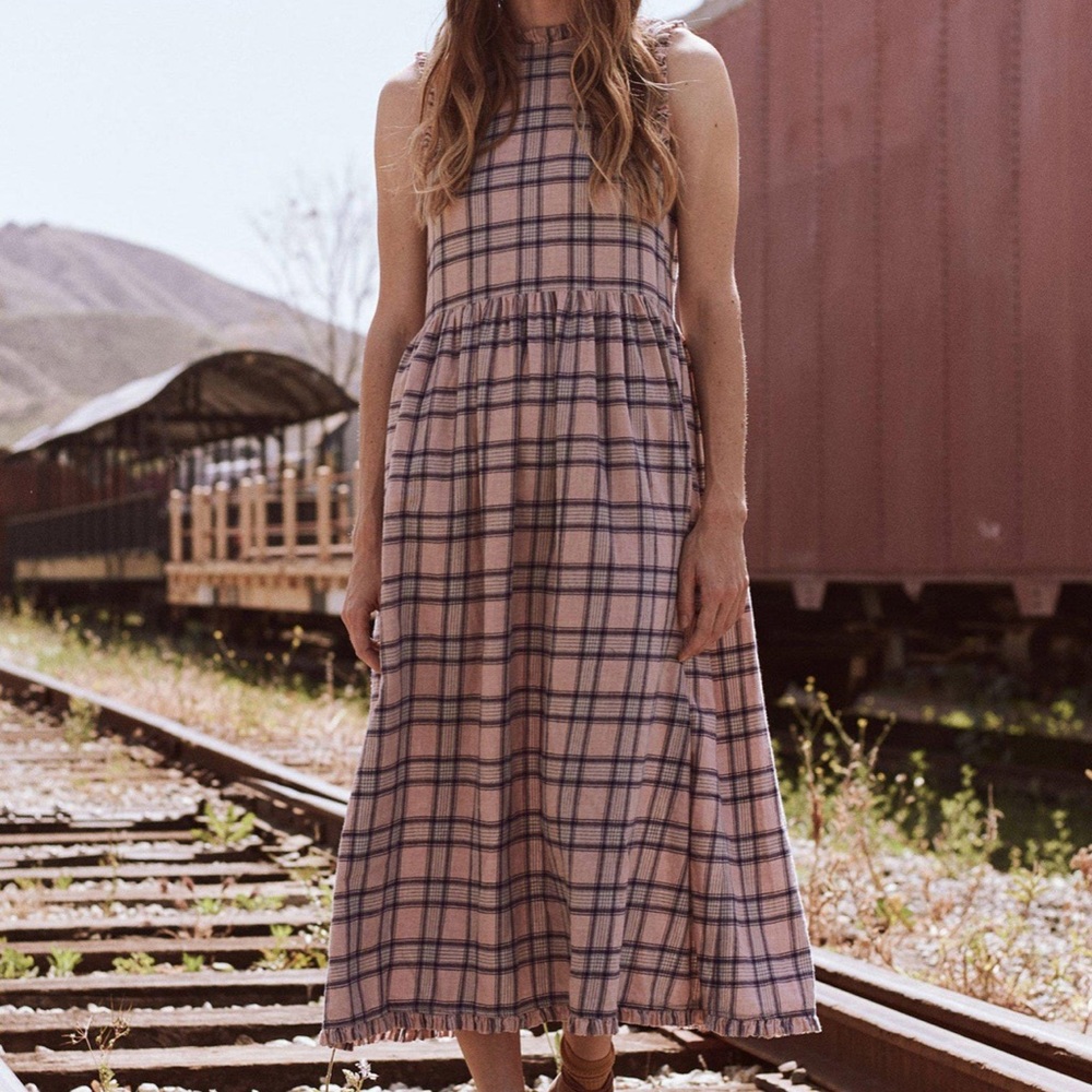 THE GREAT. Sleeveless Ruffle Hem Button Back Dress in Pink Plaid